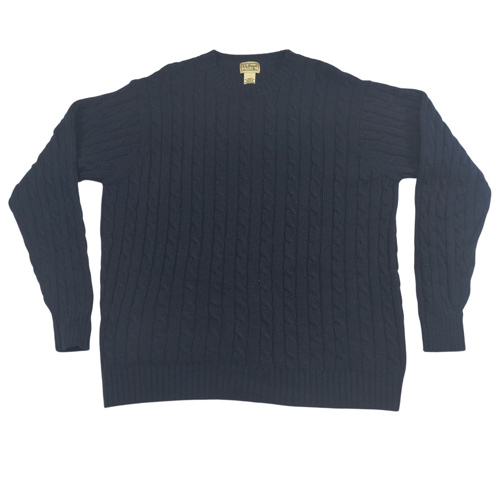 LL Bean Mens XL Navy Blue Lambs Wool Blend Cable Knit Crewneck Sweater 0WW47